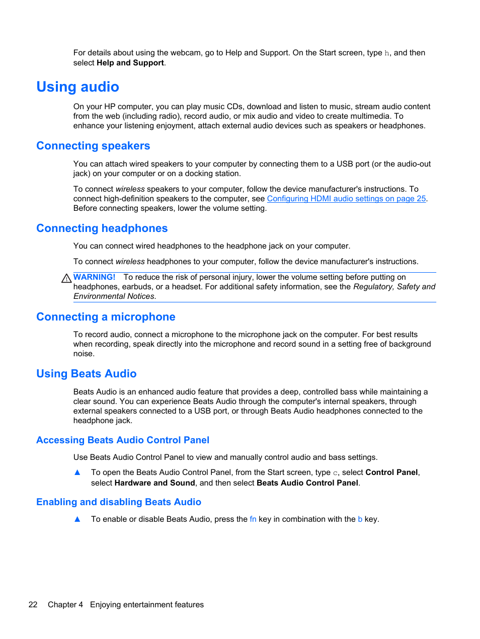 Using audio, Connecting speakers, Connecting headphones | Connecting a microphone, Using beats audio, Accessing beats audio control panel, Enabling and disabling beats audio | HP ENVY dv4-5213cl Notebook PC User Manual | Page 32 / 89