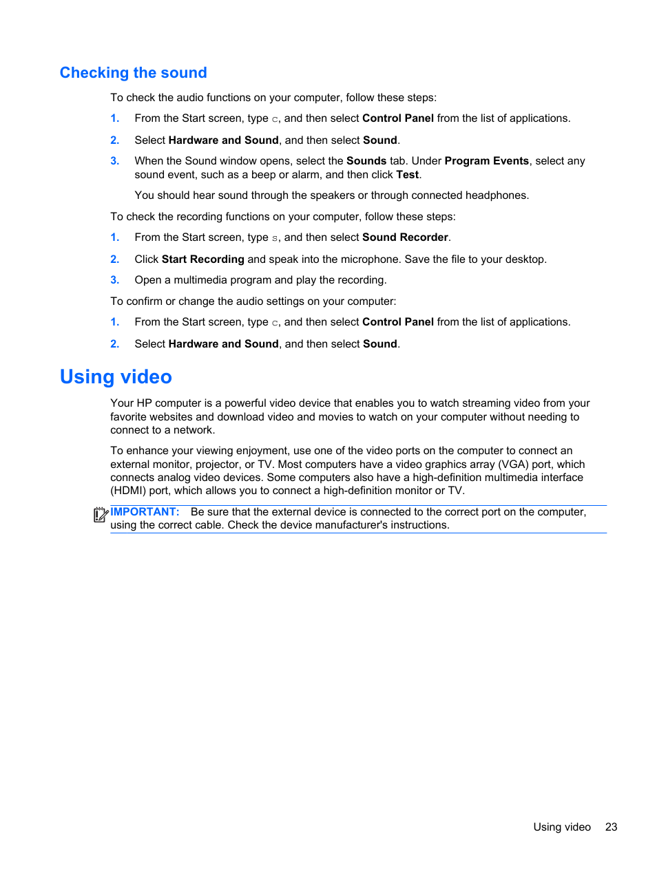 Checking the sound, Using video | HP ENVY dv4-5213cl Notebook PC User Manual | Page 33 / 89