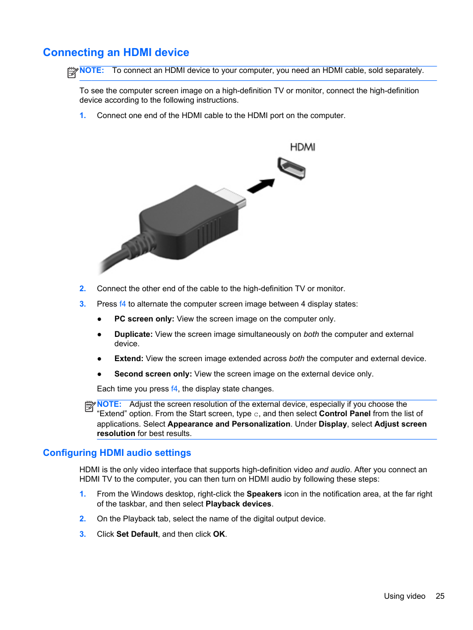 Connecting an hdmi device, Configuring hdmi audio settings | HP ENVY dv4-5213cl Notebook PC User Manual | Page 35 / 89