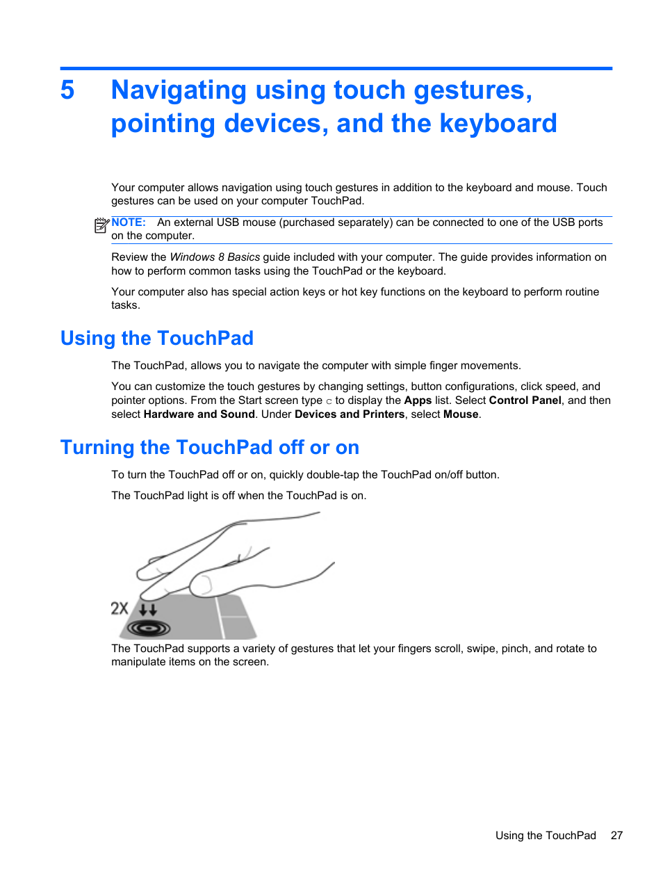 Using the touchpad, Turning the touchpad off or on, Using the touchpad turning the touchpad off or on | HP ENVY dv4-5213cl Notebook PC User Manual | Page 37 / 89