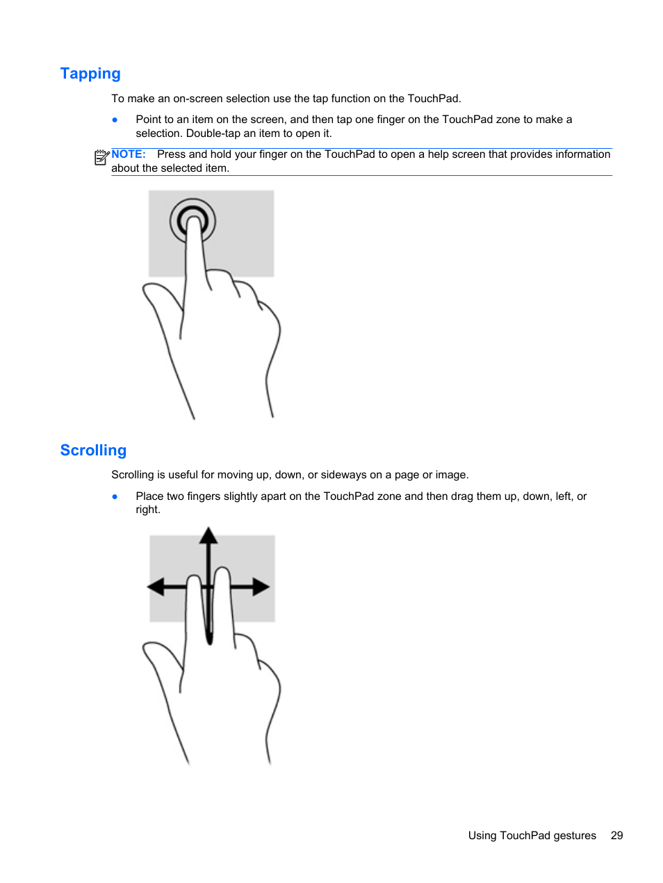 Tapping, Scrolling, Tapping scrolling | HP ENVY dv4-5213cl Notebook PC User Manual | Page 39 / 89