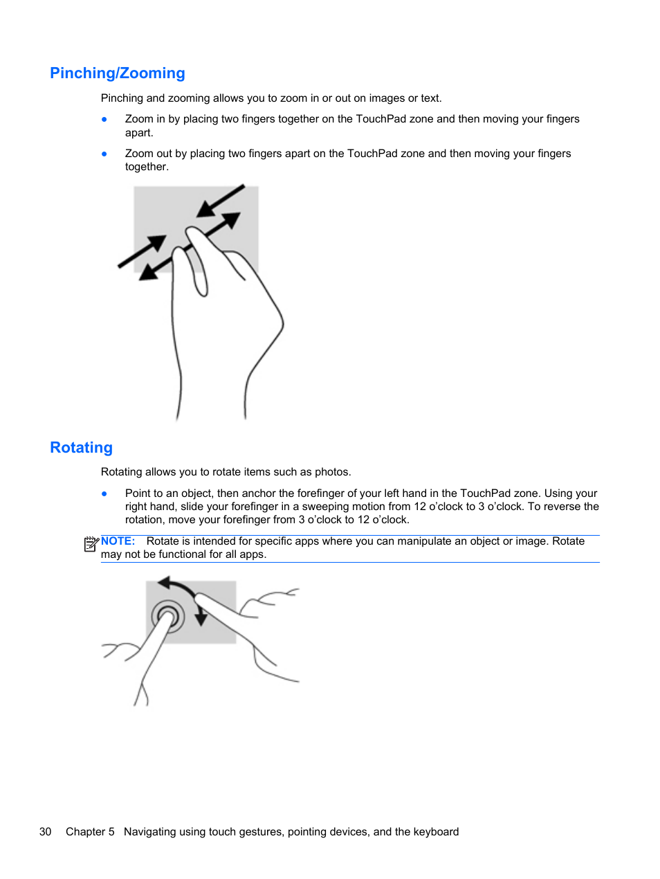 Pinching/zooming, Rotating, Pinching/zooming rotating | HP ENVY dv4-5213cl Notebook PC User Manual | Page 40 / 89