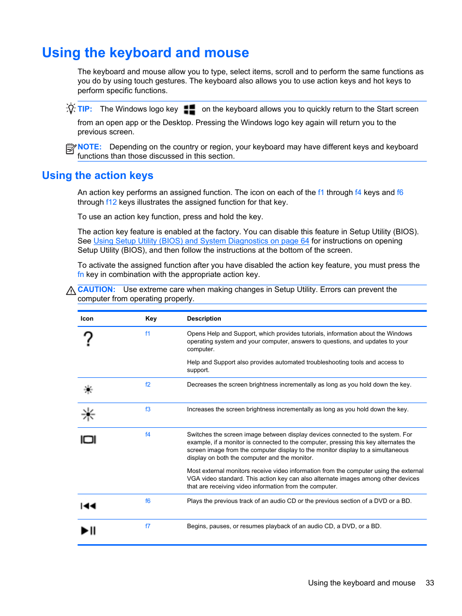 Using the keyboard and mouse, Using the action keys | HP ENVY dv4-5213cl Notebook PC User Manual | Page 43 / 89