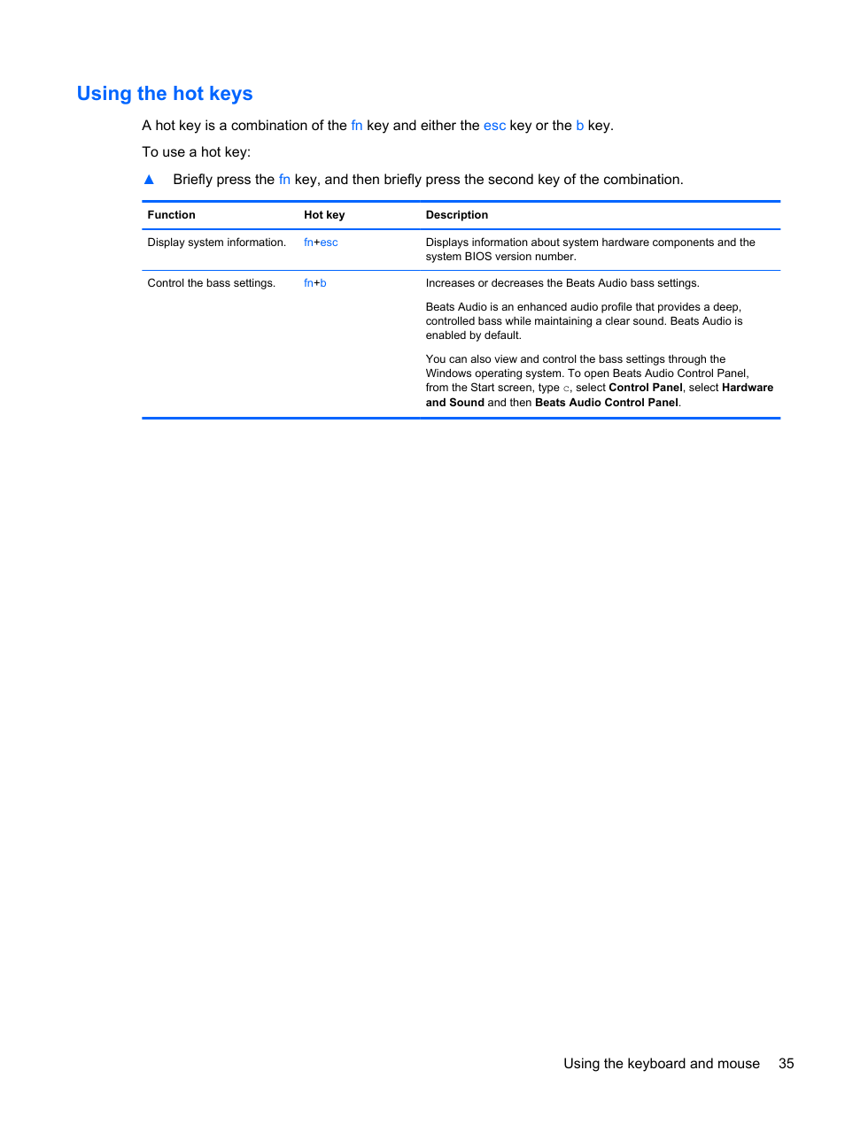Using the hot keys | HP ENVY dv4-5213cl Notebook PC User Manual | Page 45 / 89