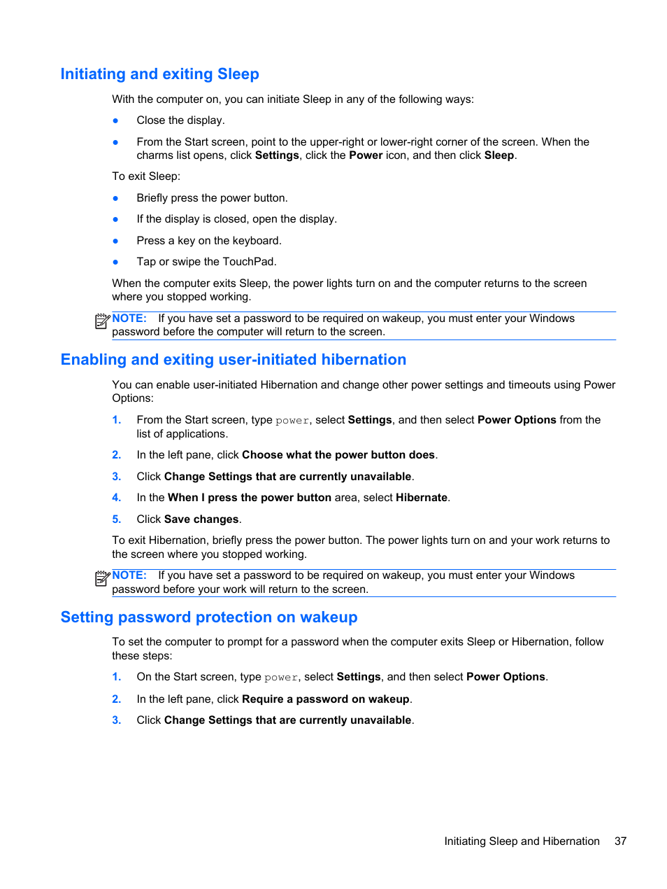 Initiating and exiting sleep, Enabling and exiting user-initiated hibernation, Setting password protection on wakeup | Initiating and, Ion, see | HP ENVY dv4-5213cl Notebook PC User Manual | Page 47 / 89