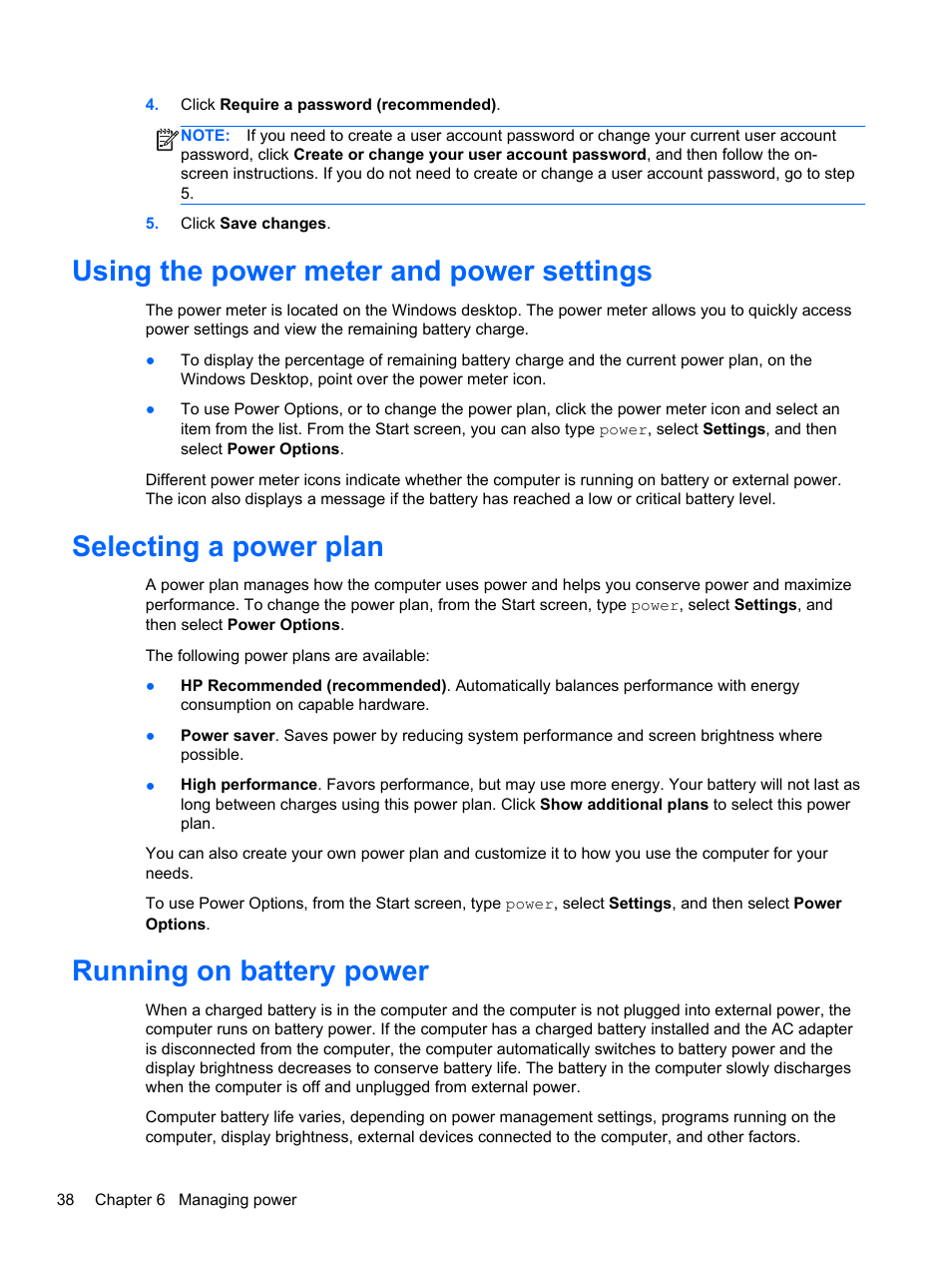 Using the power meter and power settings, Selecting a power plan, Running on battery power | HP ENVY dv4-5213cl Notebook PC User Manual | Page 48 / 89