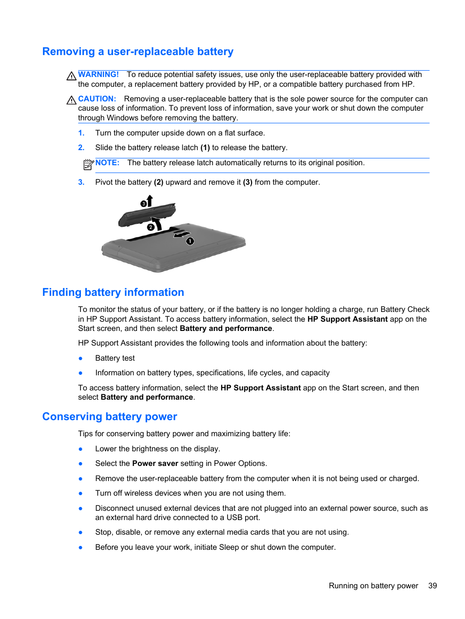 Removing a user-replaceable battery, Finding battery information, Conserving battery power | HP ENVY dv4-5213cl Notebook PC User Manual | Page 49 / 89