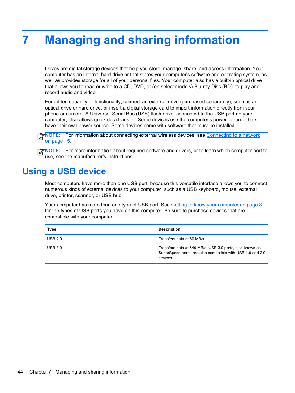 Managing and sharing information, Using a usb device, 7 managing and sharing information | 7managing and sharing information | HP ENVY dv4-5213cl Notebook PC User Manual | Page 54 / 89