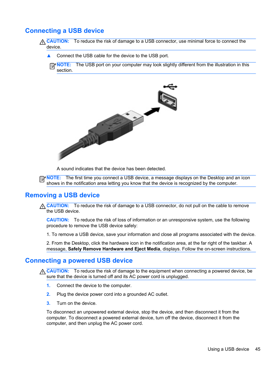 Connecting a usb device, Removing a usb device, Connecting a powered usb device | HP ENVY dv4-5213cl Notebook PC User Manual | Page 55 / 89