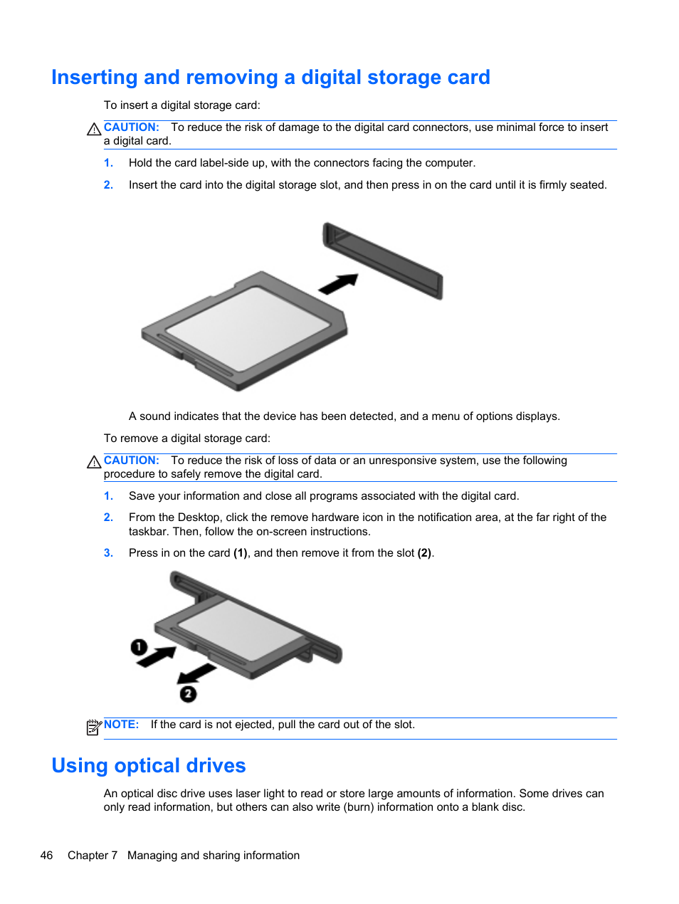 Inserting and removing a digital storage card, Using optical drives | HP ENVY dv4-5213cl Notebook PC User Manual | Page 56 / 89