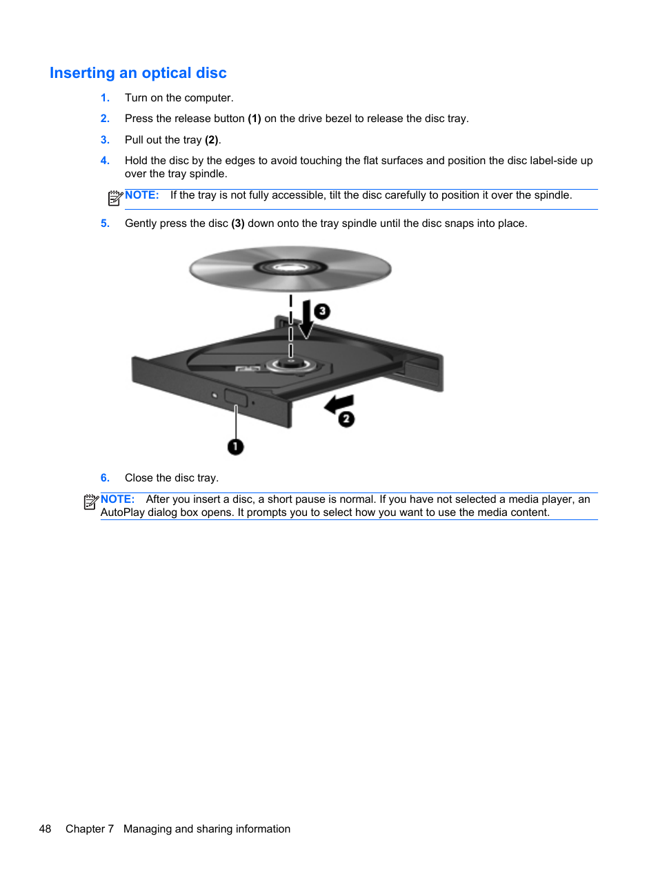 Inserting an optical disc | HP ENVY dv4-5213cl Notebook PC User Manual | Page 58 / 89