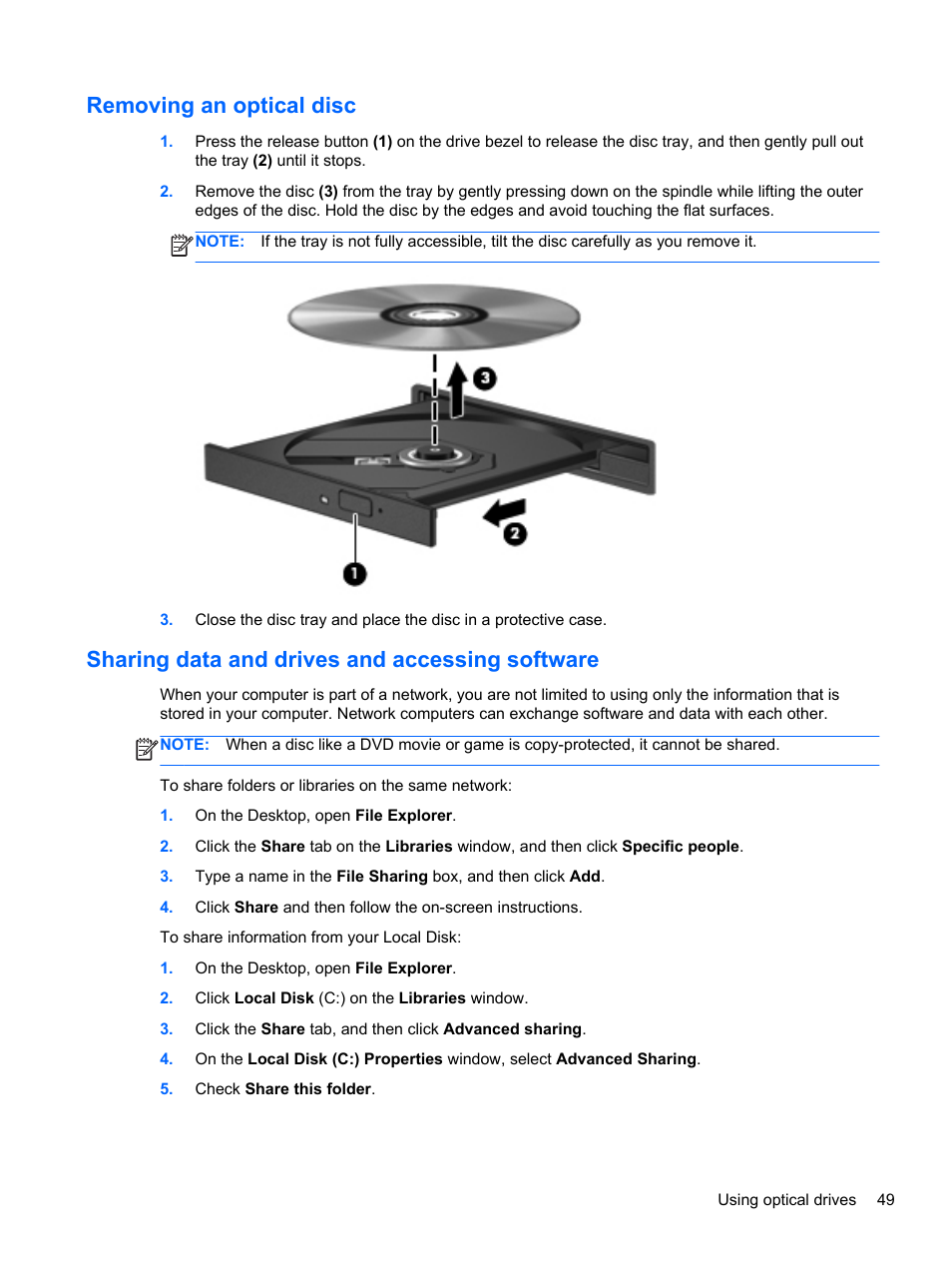 Removing an optical disc, Sharing data and drives and accessing software | HP ENVY dv4-5213cl Notebook PC User Manual | Page 59 / 89