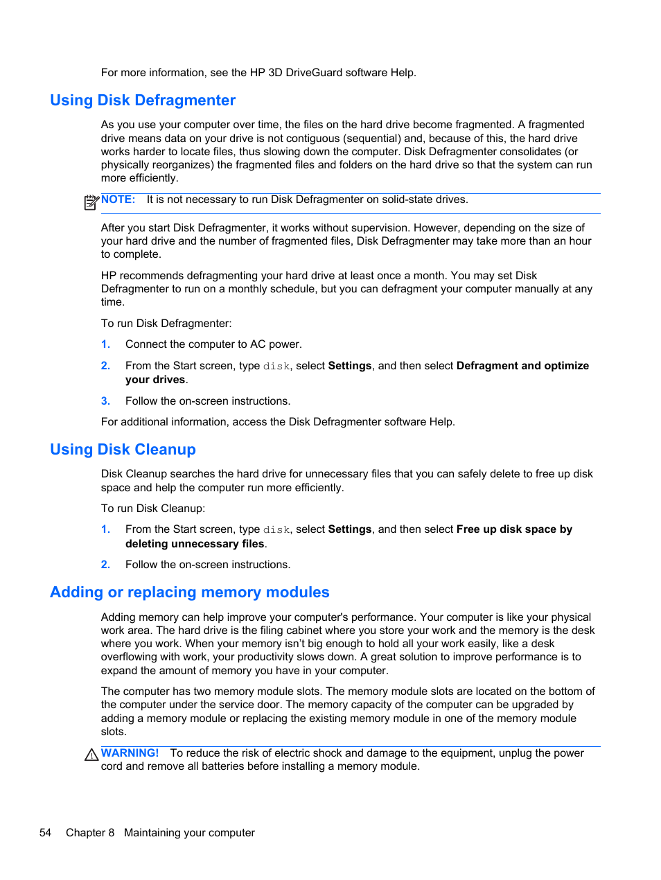 Using disk defragmenter, Using disk cleanup, Adding or replacing memory modules | HP ENVY dv4-5213cl Notebook PC User Manual | Page 64 / 89