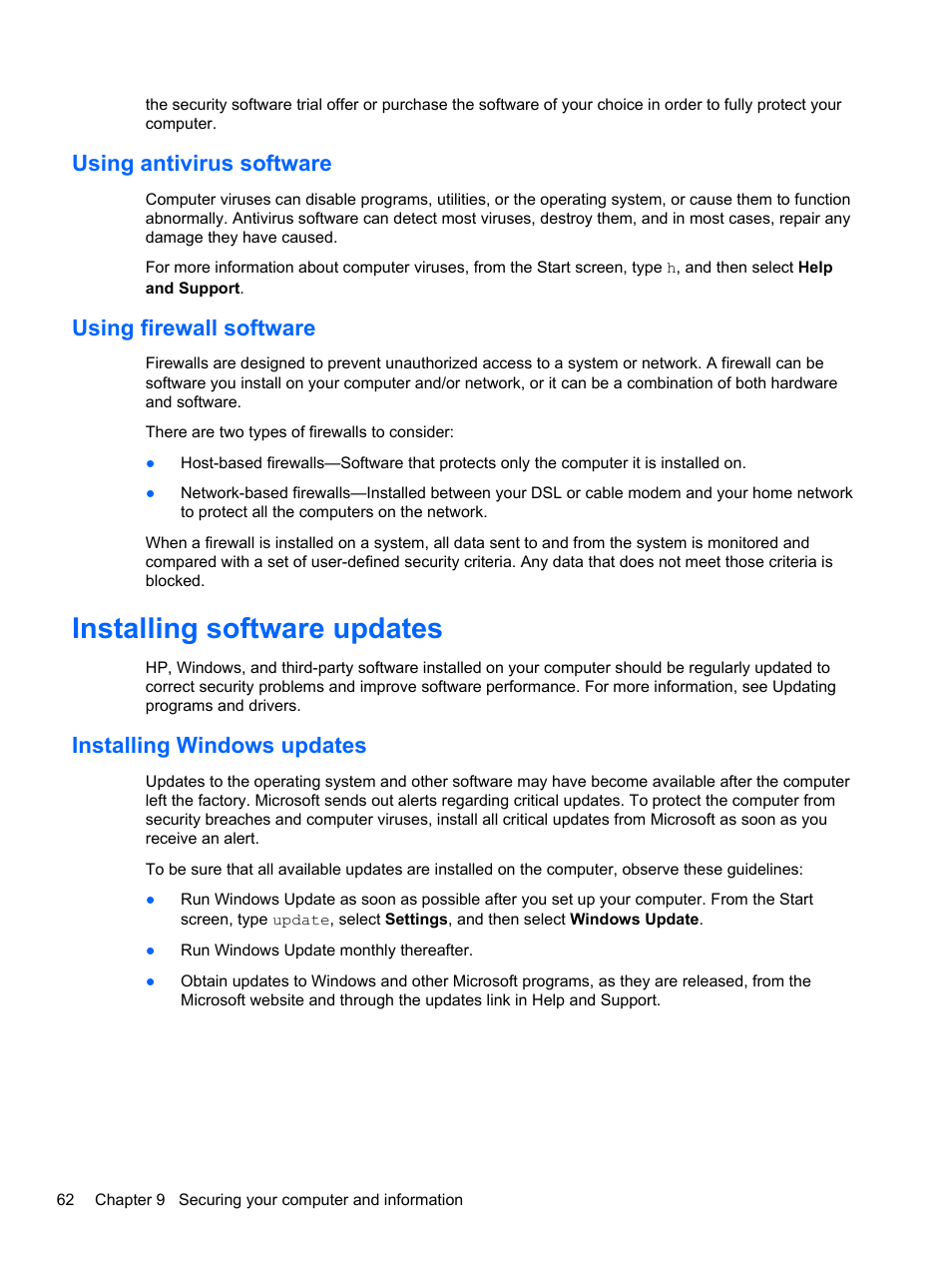 Using antivirus software, Using firewall software, Installing software updates | Installing windows updates, Using antivirus software using firewall software | HP ENVY dv4-5213cl Notebook PC User Manual | Page 72 / 89