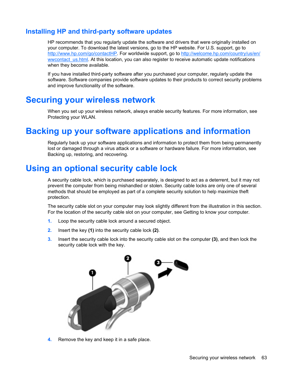 Installing hp and third-party software updates, Securing your wireless network, Using an optional security cable lock | HP ENVY dv4-5213cl Notebook PC User Manual | Page 73 / 89