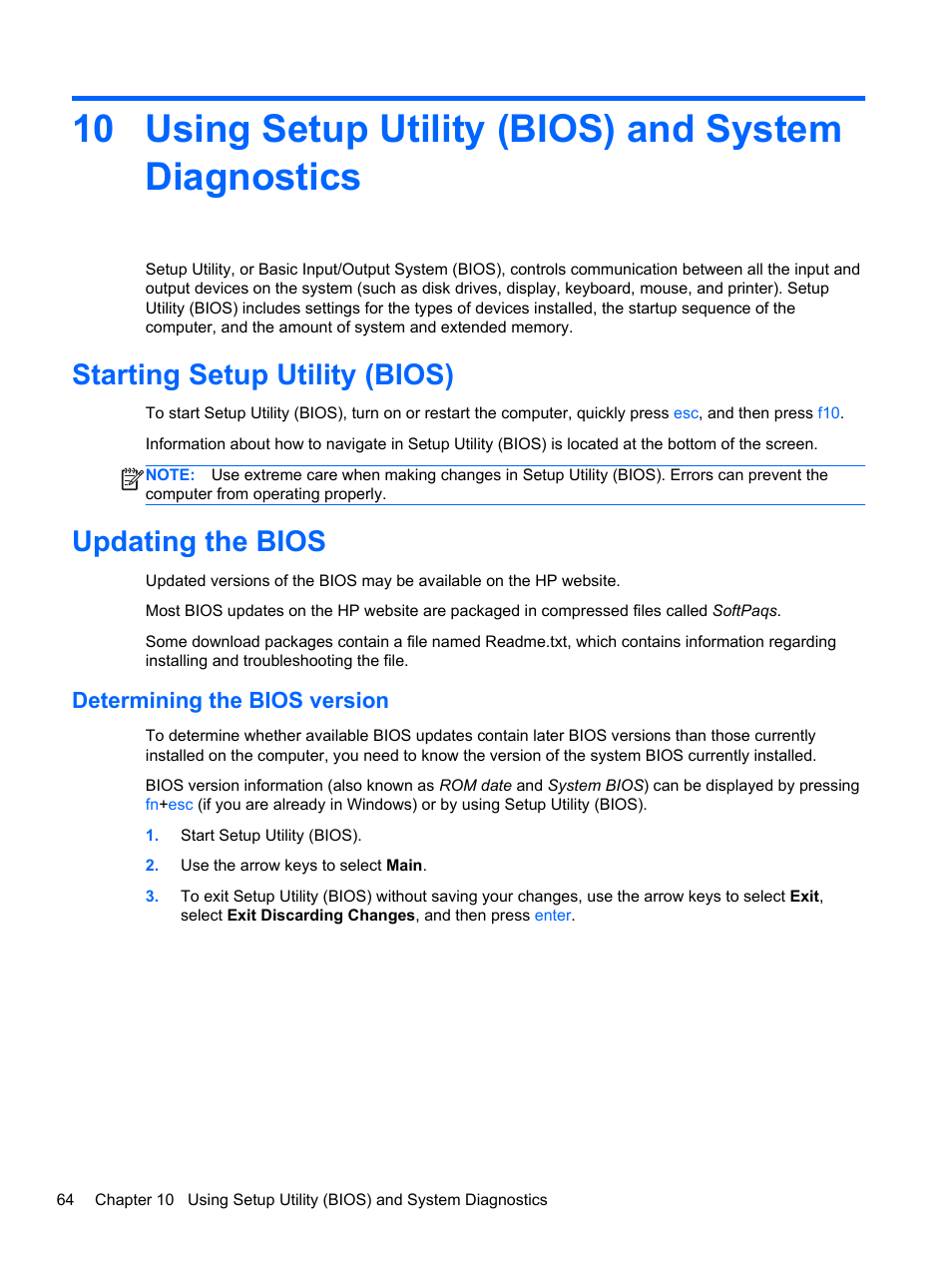 Using setup utility (bios) and system diagnostics, Starting setup utility (bios), Updating the bios | Determining the bios version, Starting setup utility (bios) updating the bios | HP ENVY dv4-5213cl Notebook PC User Manual | Page 74 / 89