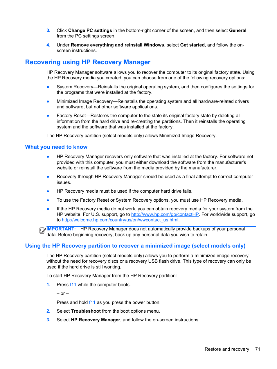 Recovering using hp recovery manager, What you need to know | HP ENVY dv4-5213cl Notebook PC User Manual | Page 81 / 89