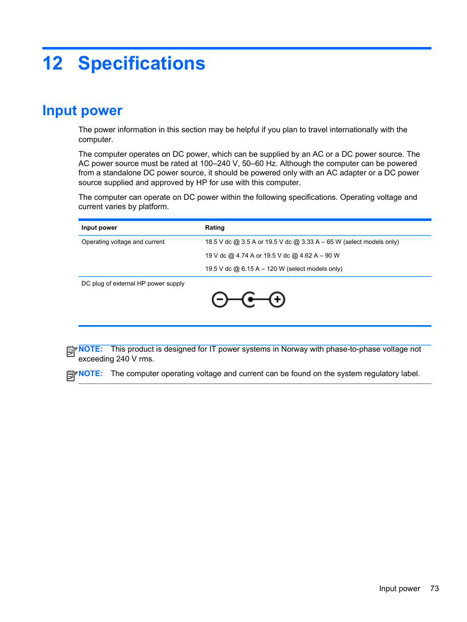 Specifications, Input power, 12 specifications | HP ENVY dv4-5213cl Notebook PC User Manual | Page 83 / 89