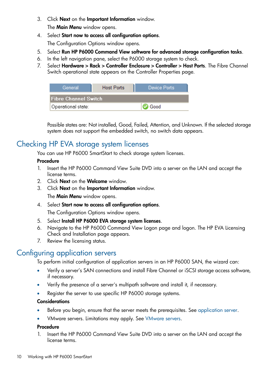 Checking hp eva storage system licenses, Configuring application servers | HP P6000 SmartStart Storage Software User Manual | Page 10 / 43
