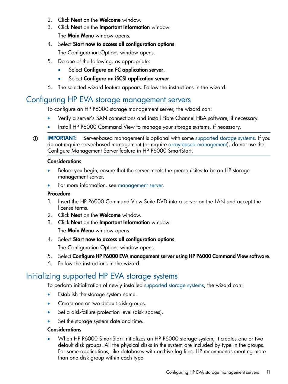 Configuring hp eva storage management servers, Initializing supported hp eva storage systems | HP P6000 SmartStart Storage Software User Manual | Page 11 / 43
