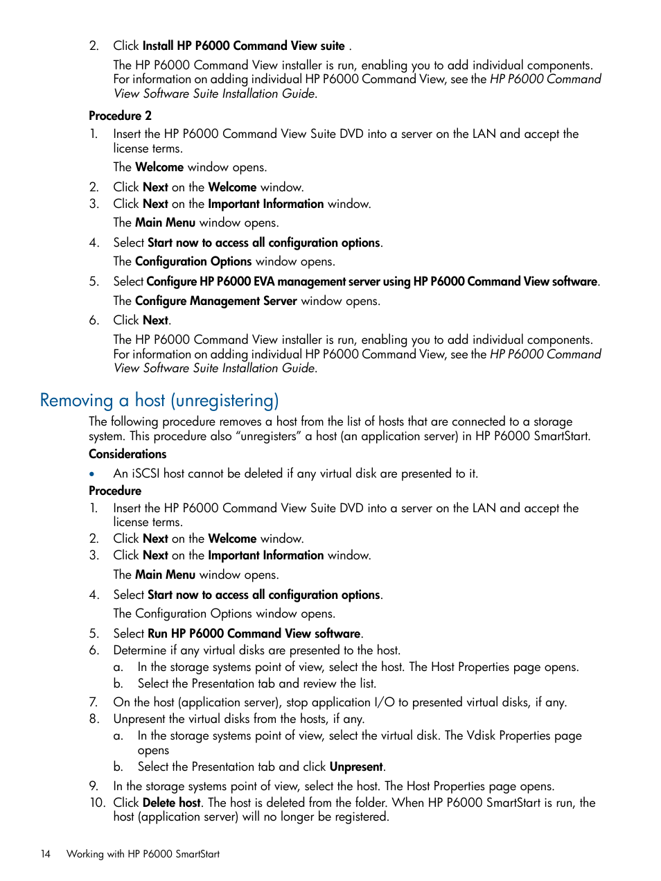 Removing a host (unregistering) | HP P6000 SmartStart Storage Software User Manual | Page 14 / 43