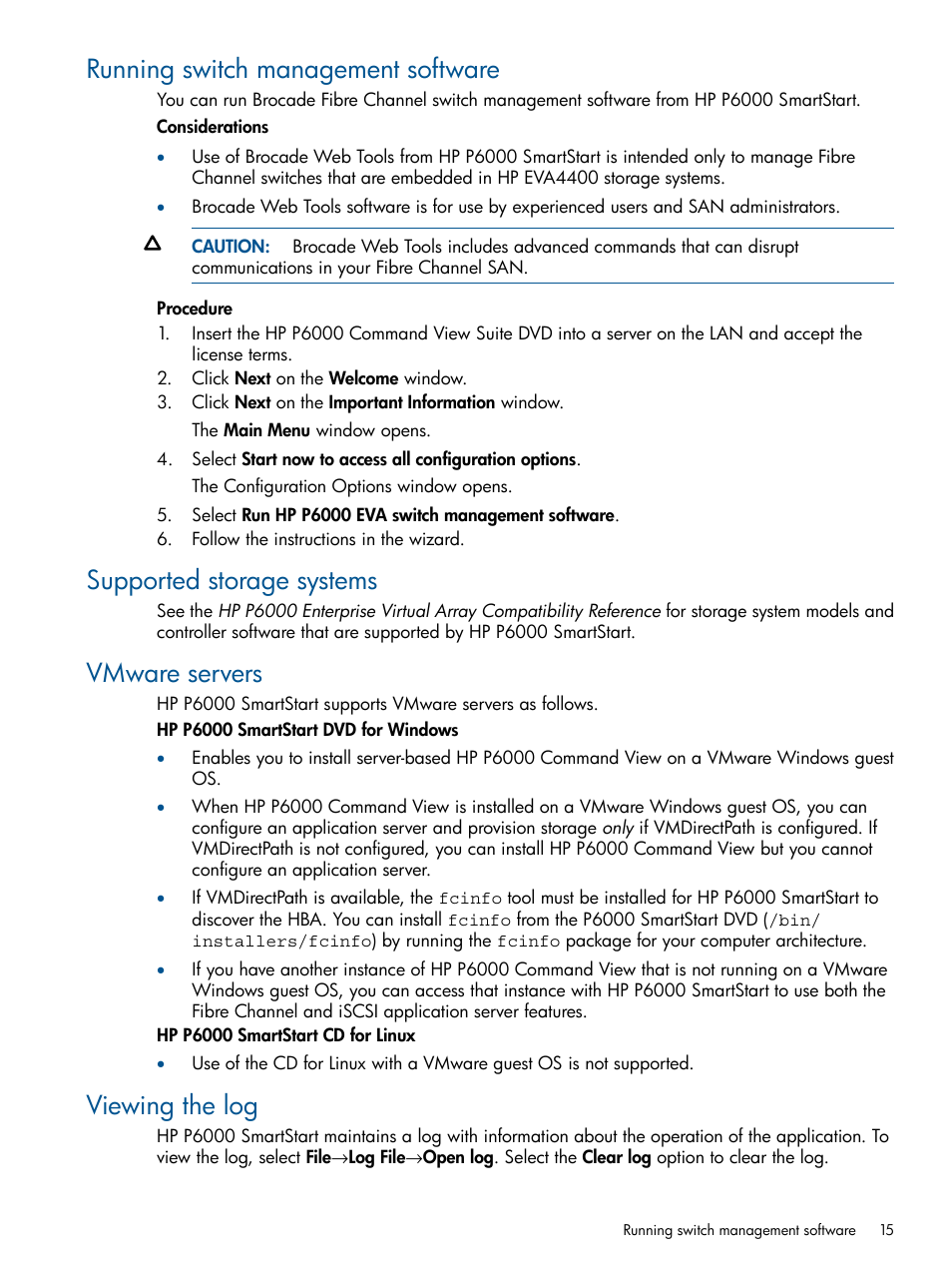 Running switch management software, Supported storage systems, Vmware servers | Viewing the log | HP P6000 SmartStart Storage Software User Manual | Page 15 / 43