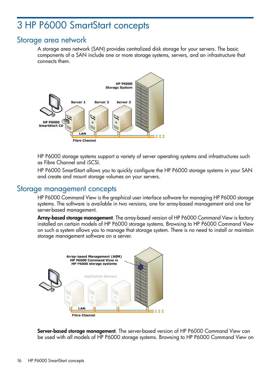 3 hp p6000 smartstart concepts, Storage area network, Storage management concepts | Storage area network storage management concepts | HP P6000 SmartStart Storage Software User Manual | Page 16 / 43