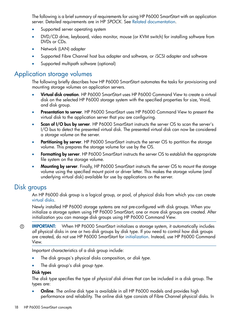 Application storage volumes, Disk groups, Application storage volumes disk groups | Disk group types | HP P6000 SmartStart Storage Software User Manual | Page 18 / 43