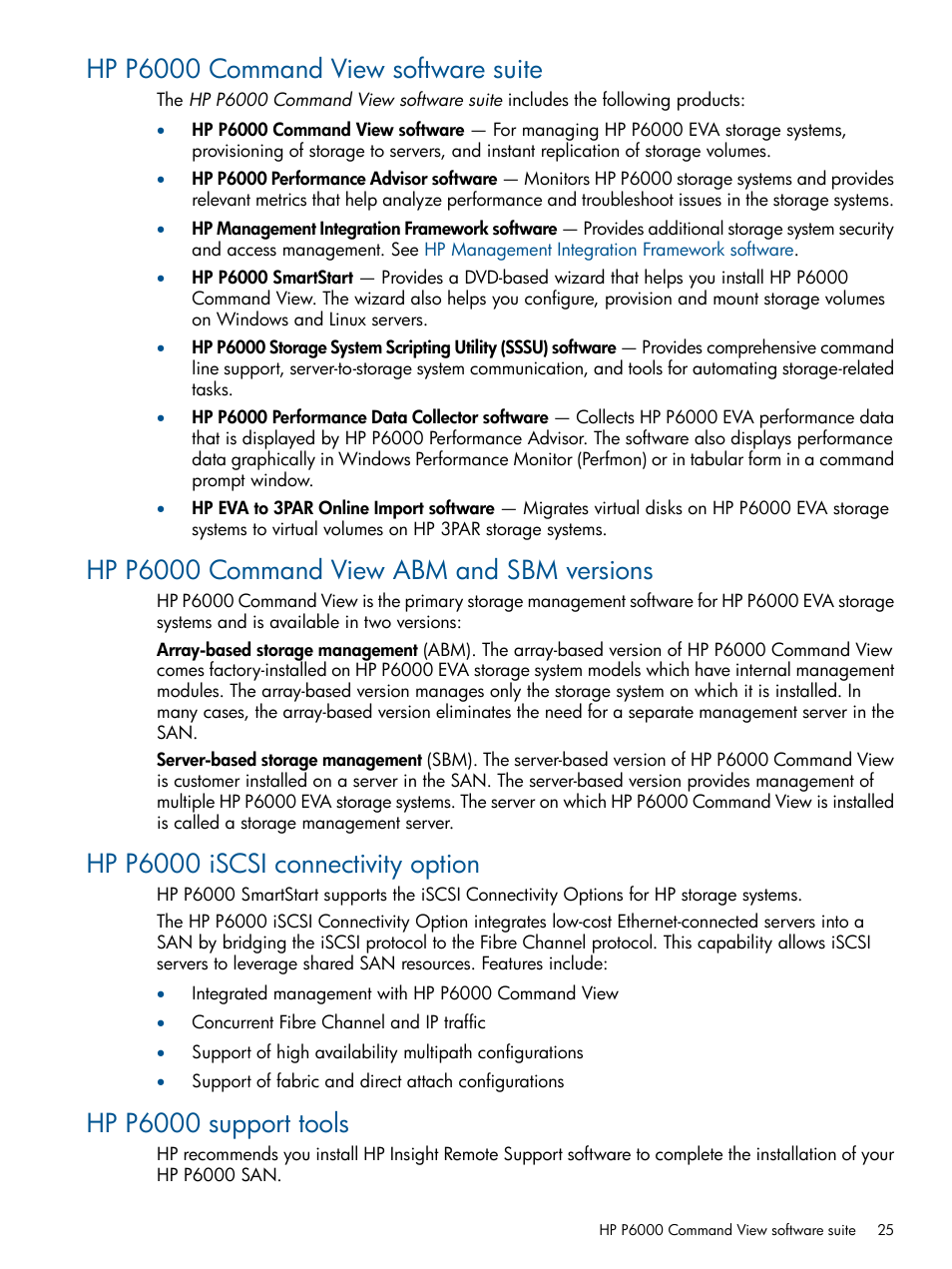 Hp p6000 command view software suite, Hp p6000 command view abm and sbm versions, Hp p6000 iscsi connectivity option | Hp p6000 support tools, Hp p6000 command view, Array-based management | HP P6000 SmartStart Storage Software User Manual | Page 25 / 43