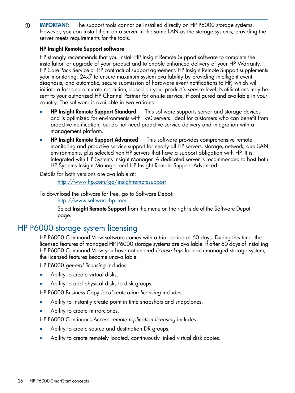 Hp p6000 storage system licensing, Hp p6000 storage system licenses | HP P6000 SmartStart Storage Software User Manual | Page 26 / 43