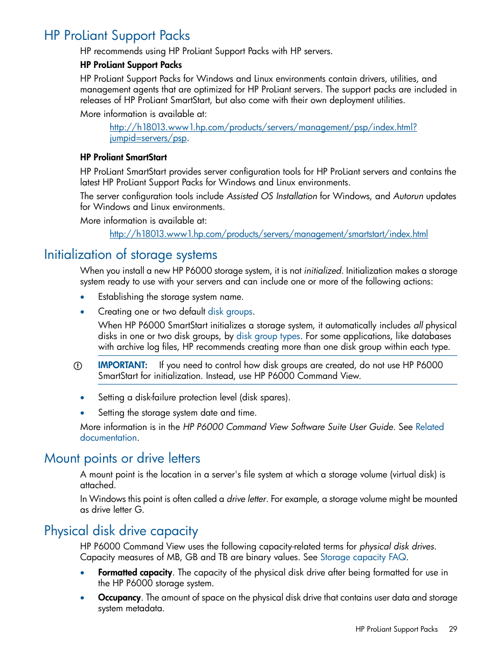 Hp proliant support packs, Initialization of storage systems, Mount points or drive letters | Physical disk drive capacity, Initialization | HP P6000 SmartStart Storage Software User Manual | Page 29 / 43
