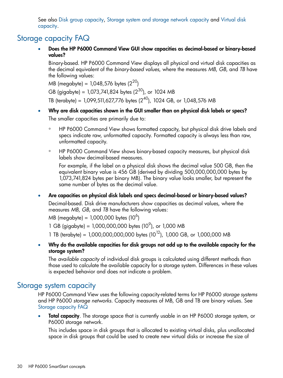 Storage capacity faq, Storage system capacity, Storage capacity faq storage system capacity | Storage system and storage network capacity | HP P6000 SmartStart Storage Software User Manual | Page 30 / 43