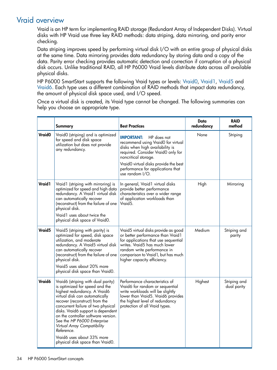 Vraid overview, Vraid, Overview | HP P6000 SmartStart Storage Software User Manual | Page 34 / 43