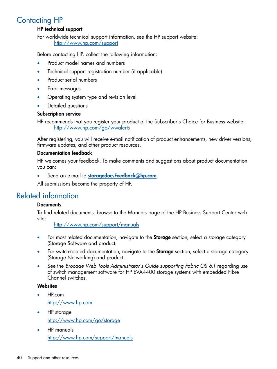 Contacting hp, Related information, Contacting hp related information | Related documentation, Related, Documentation, Hp websites, Documentation) | HP P6000 SmartStart Storage Software User Manual | Page 40 / 43