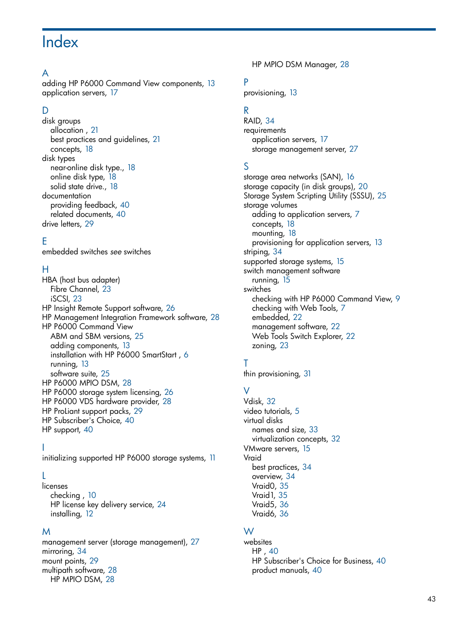 Index | HP P6000 SmartStart Storage Software User Manual | Page 43 / 43