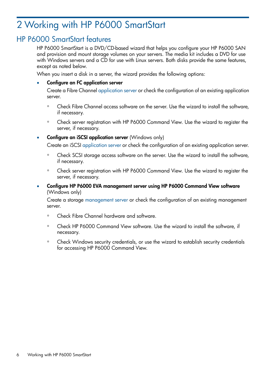 2 working with hp p6000 smartstart, Hp p6000 smartstart features | HP P6000 SmartStart Storage Software User Manual | Page 6 / 43