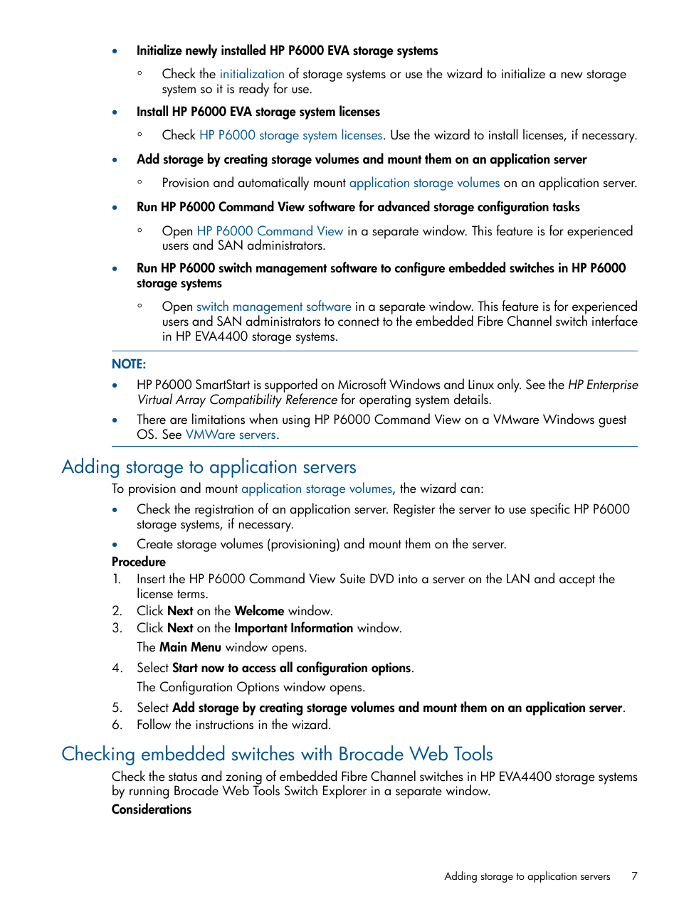 Adding storage to application servers, Checking embedded switches with brocade web tools | HP P6000 SmartStart Storage Software User Manual | Page 7 / 43