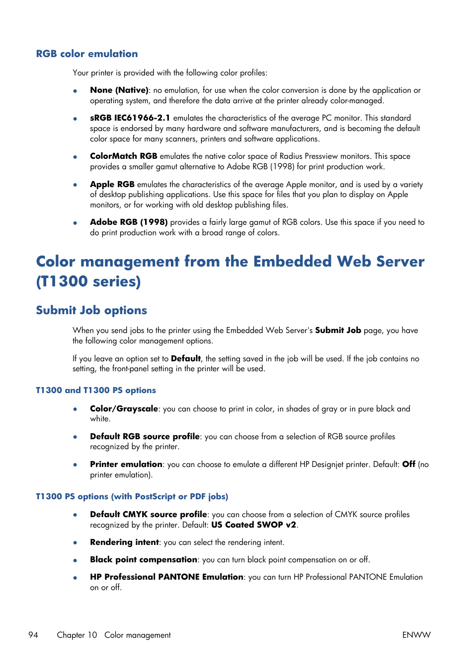 Rgb color emulation, Submit job options | HP Designjet T1300 ePrinter User Manual | Page 102 / 224