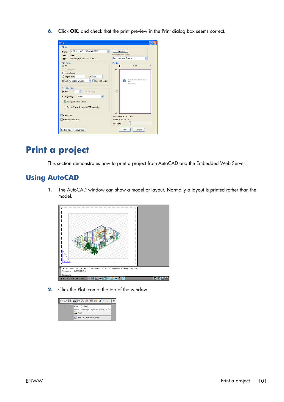 Print a project, Using autocad | HP Designjet T1300 ePrinter User Manual | Page 109 / 224