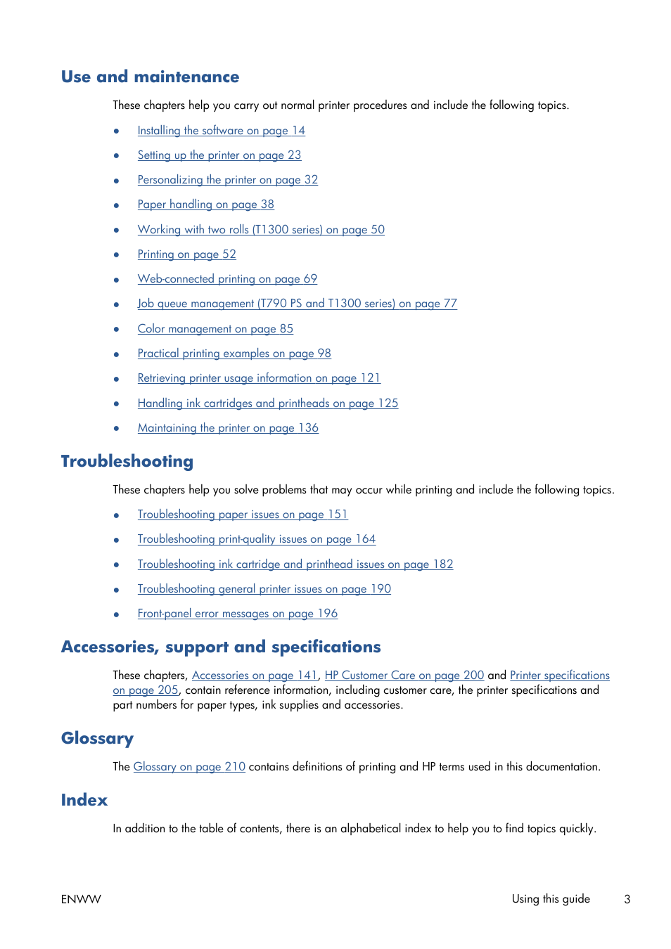 Use and maintenance, Troubleshooting, Accessories, support and specifications | Glossary, Index | HP Designjet T1300 ePrinter User Manual | Page 11 / 224
