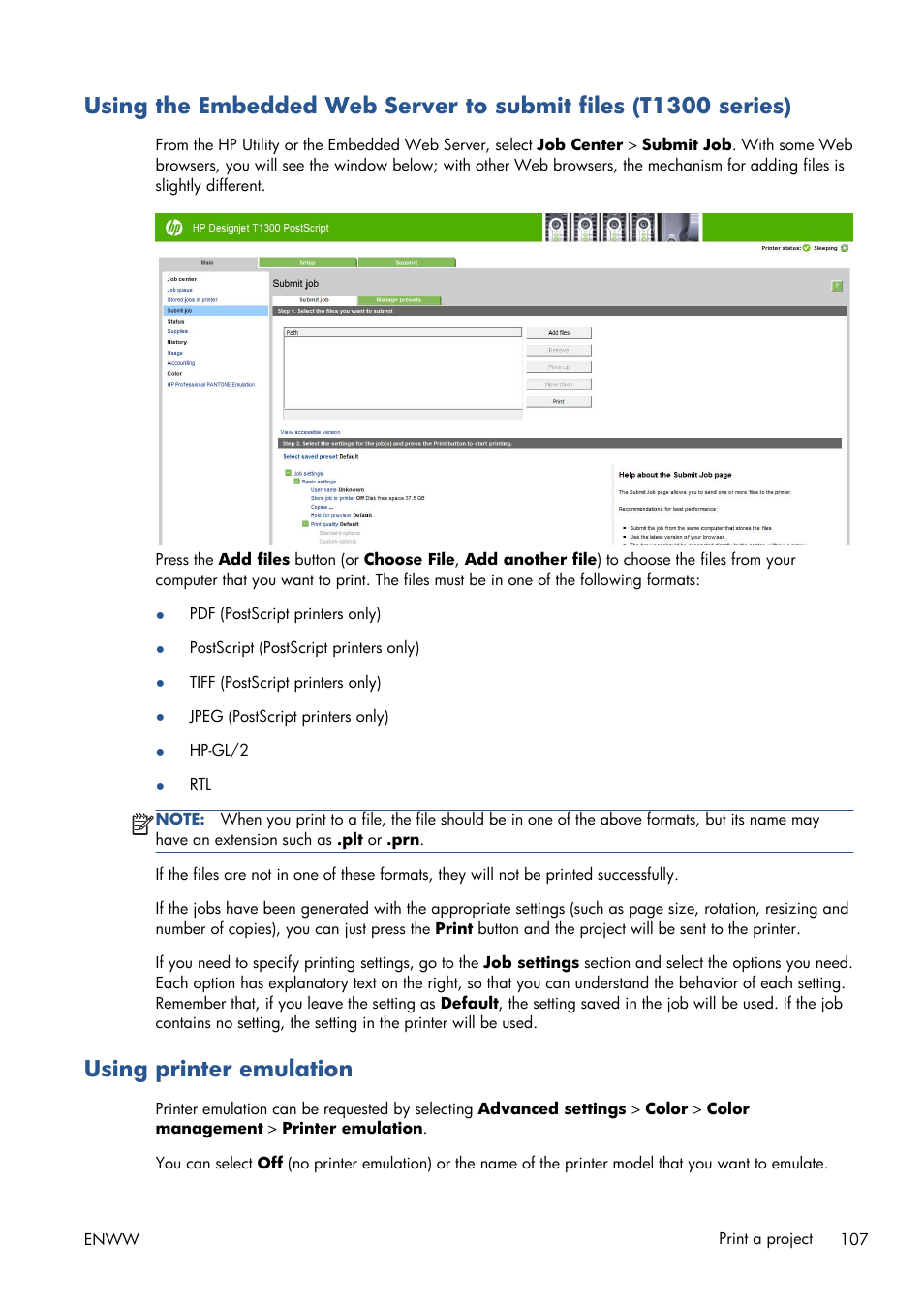 Using printer emulation | HP Designjet T1300 ePrinter User Manual | Page 115 / 224