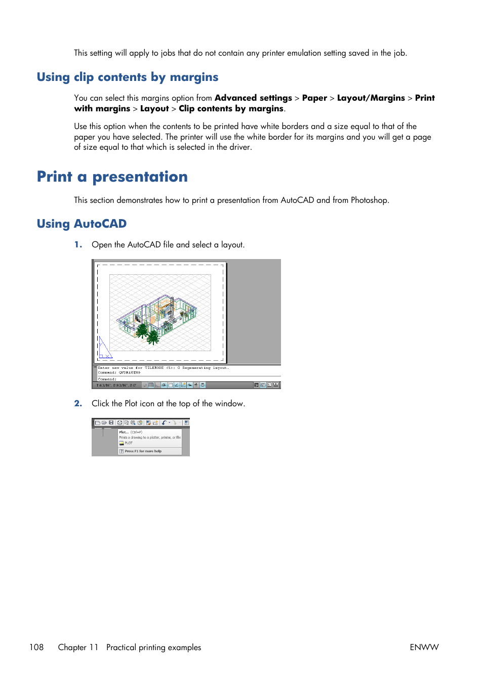 Using clip contents by margins, Print a presentation, Using autocad | HP Designjet T1300 ePrinter User Manual | Page 116 / 224
