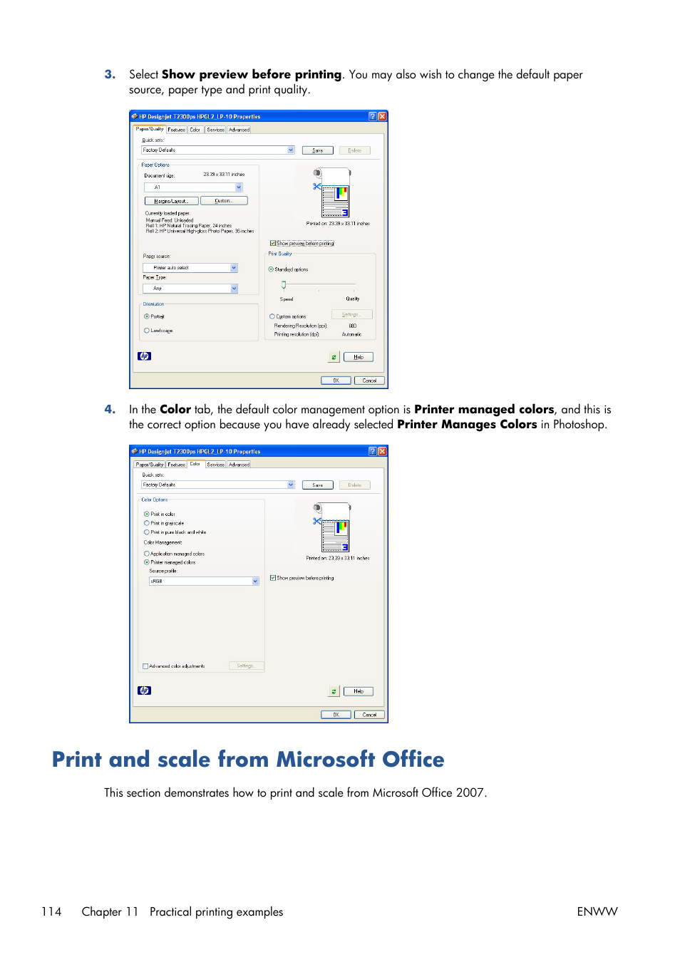 Print and scale from microsoft office | HP Designjet T1300 ePrinter User Manual | Page 122 / 224