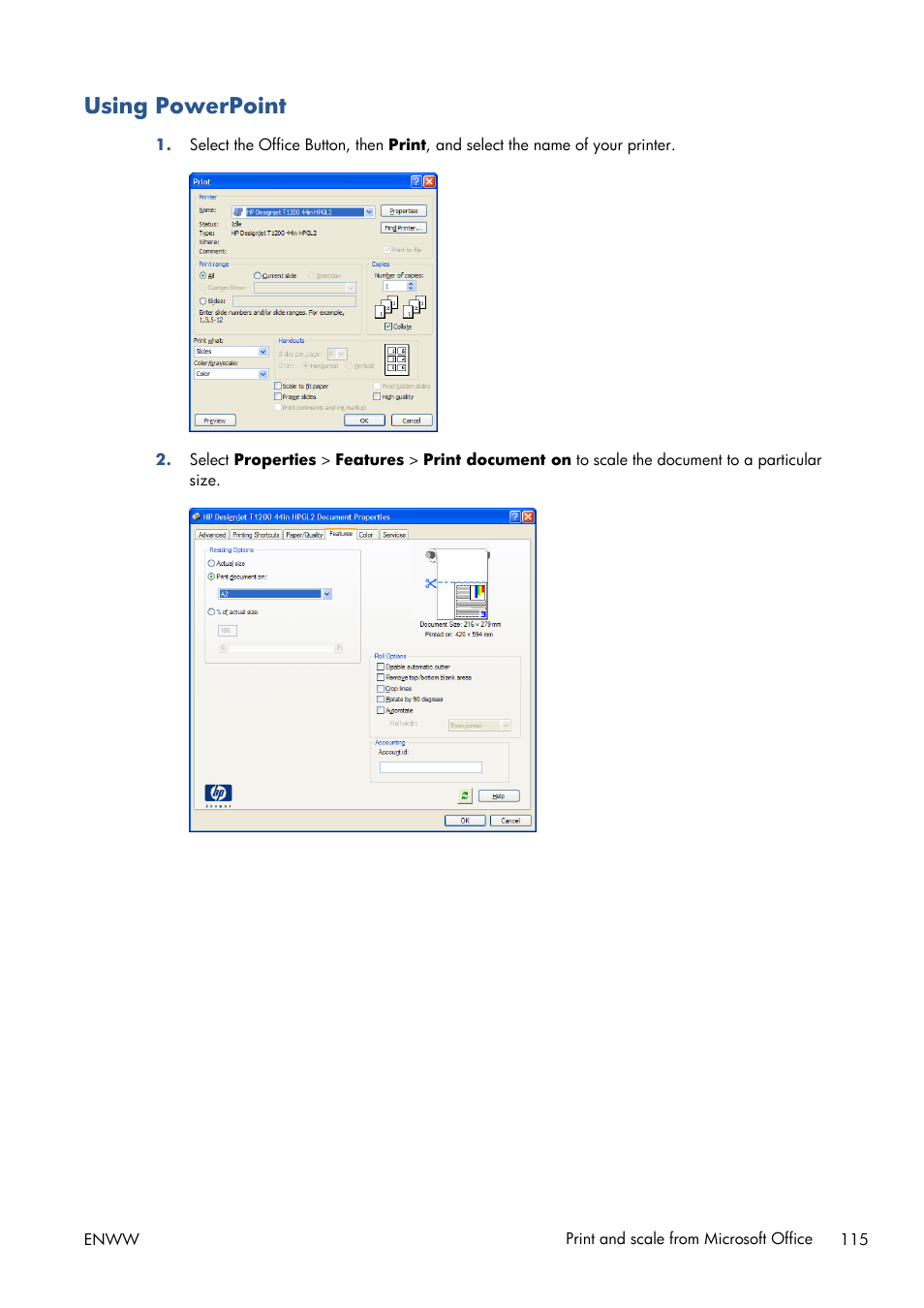 Using powerpoint | HP Designjet T1300 ePrinter User Manual | Page 123 / 224