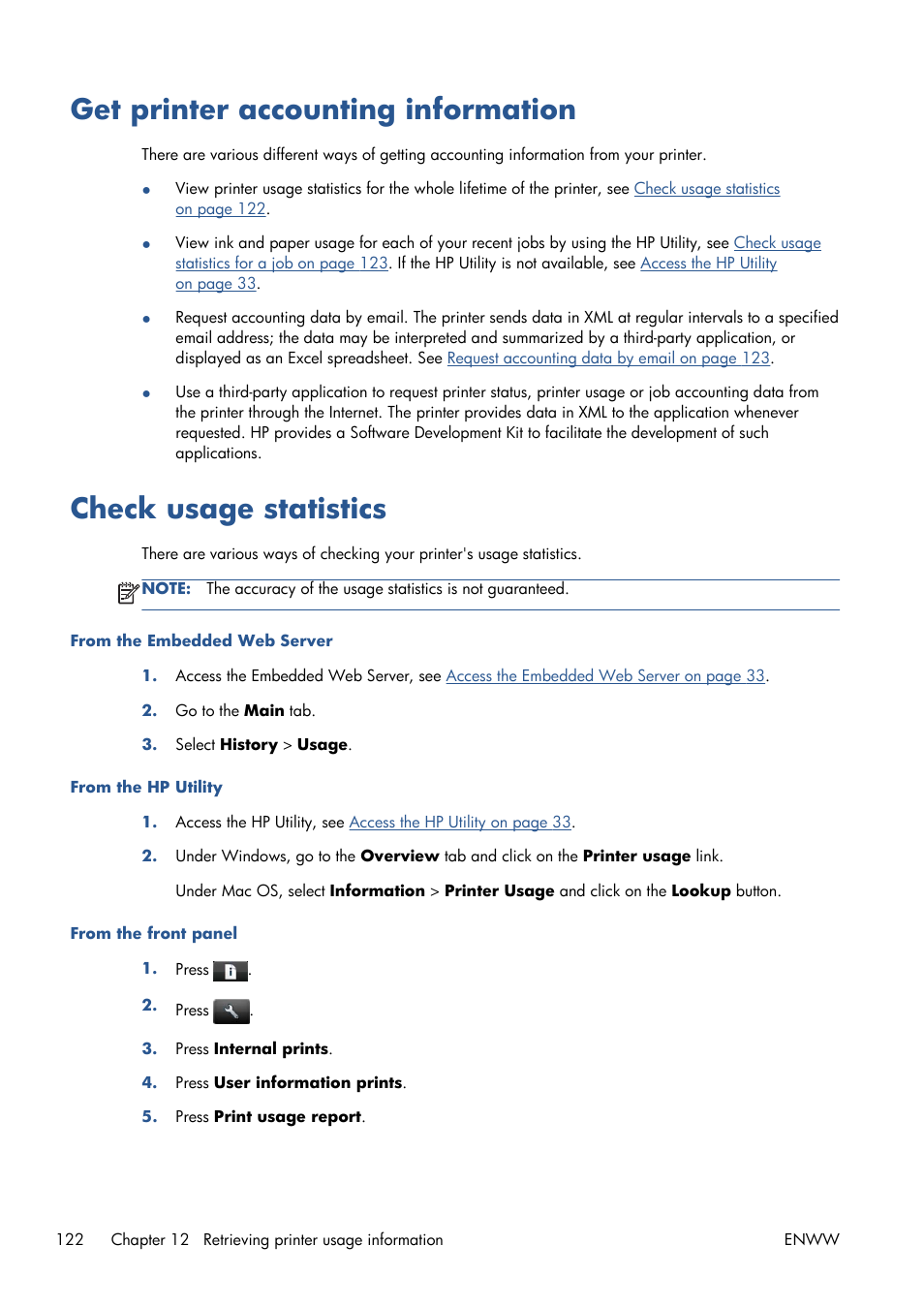Get printer accounting information, Check usage statistics | HP Designjet T1300 ePrinter User Manual | Page 130 / 224