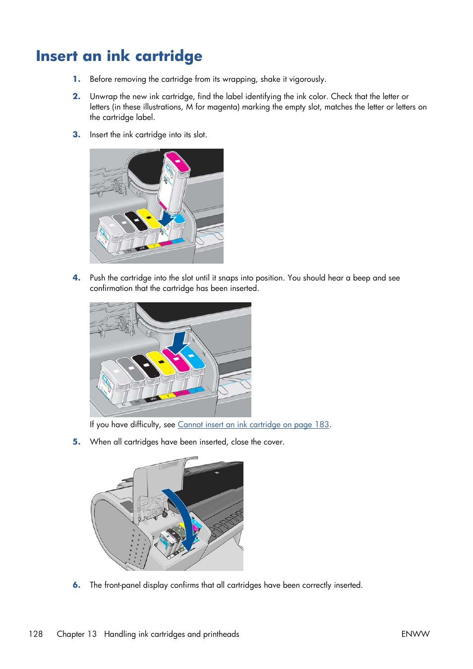 Insert an ink cartridge | HP Designjet T1300 ePrinter User Manual | Page 136 / 224
