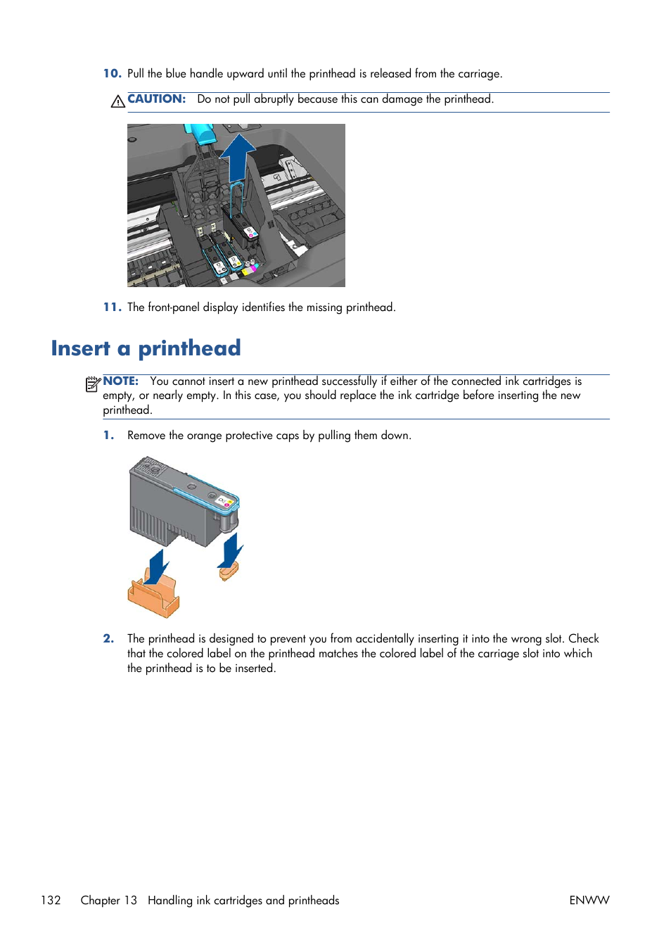 Insert a printhead | HP Designjet T1300 ePrinter User Manual | Page 140 / 224
