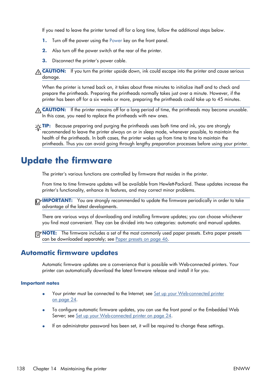 Update the firmware, Automatic firmware updates | HP Designjet T1300 ePrinter User Manual | Page 146 / 224