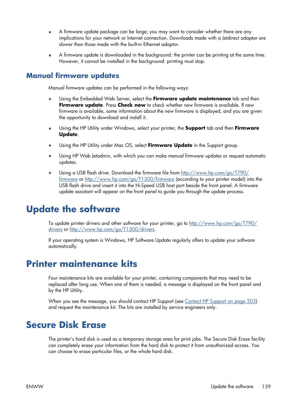Manual firmware updates, Update the software, Printer maintenance kits | Secure disk erase | HP Designjet T1300 ePrinter User Manual | Page 147 / 224
