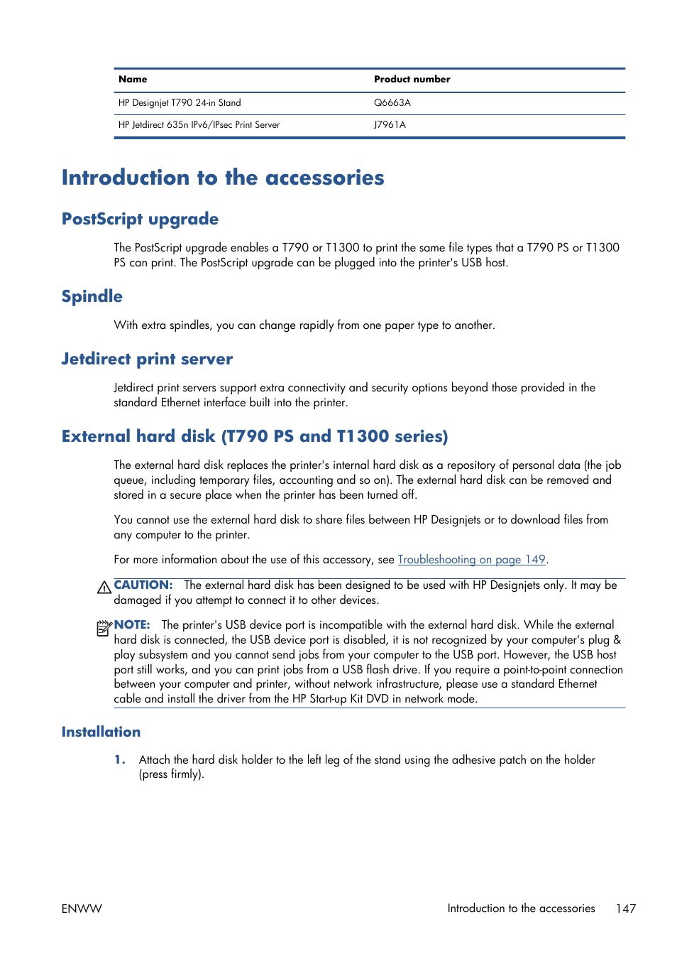 Introduction to the accessories, Postscript upgrade, Spindle | Jetdirect print server, External hard disk (t790 ps and t1300 series), Installation | HP Designjet T1300 ePrinter User Manual | Page 155 / 224